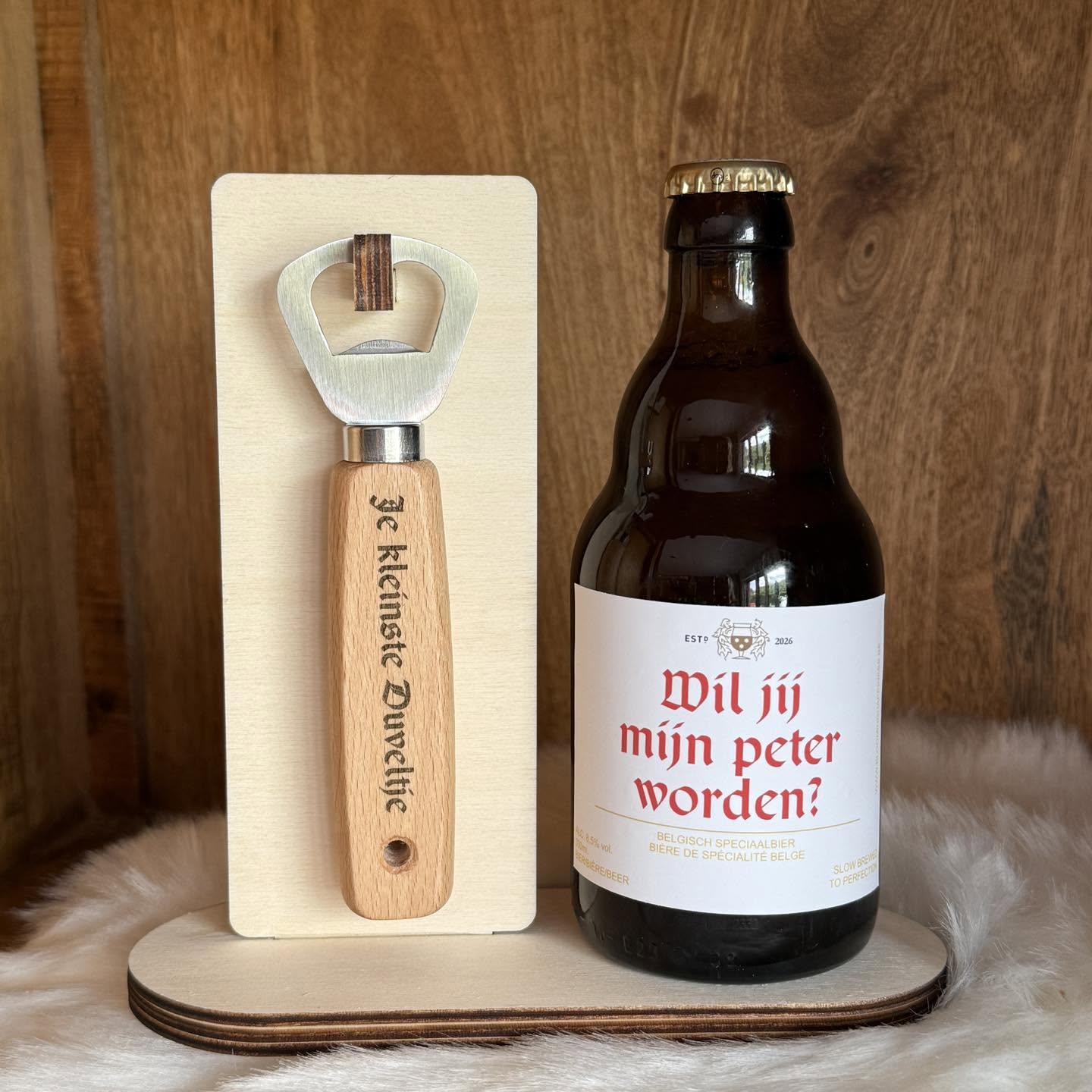 Set: Duvel "Wil jij mijn peter worden" + flesopener met gravure