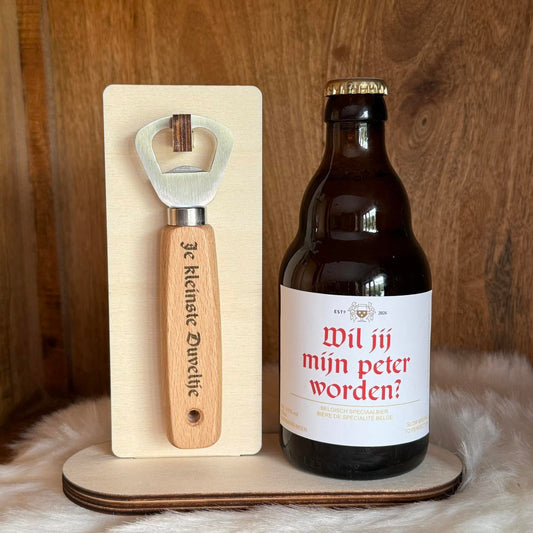 Set: Duvel "Wil jij mijn peter worden?" + flesopener met gravure