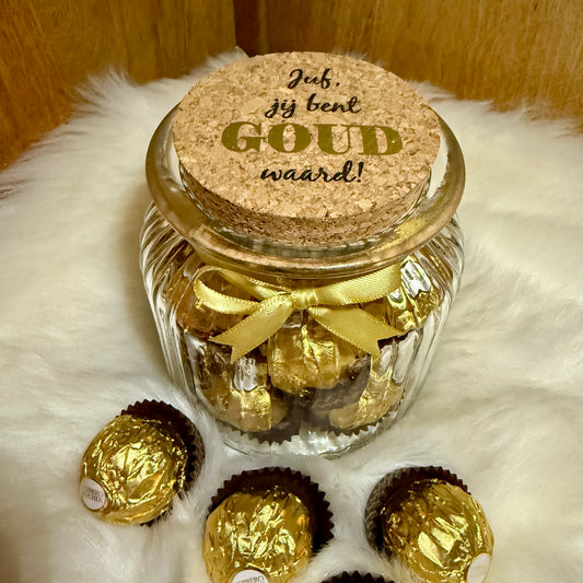 Glazen pot ‘Juf, jij bent goud waard!’ - Ferrero