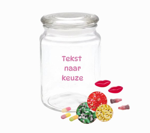 Gevulde glazen snoeppot (700ml) met tekst naar keuze