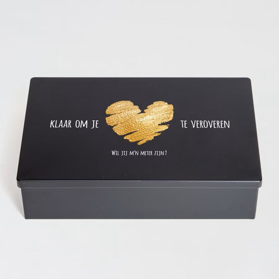 Koekjestrommel met gouden hart 'Wil jij mijn meter/peter zijn?'